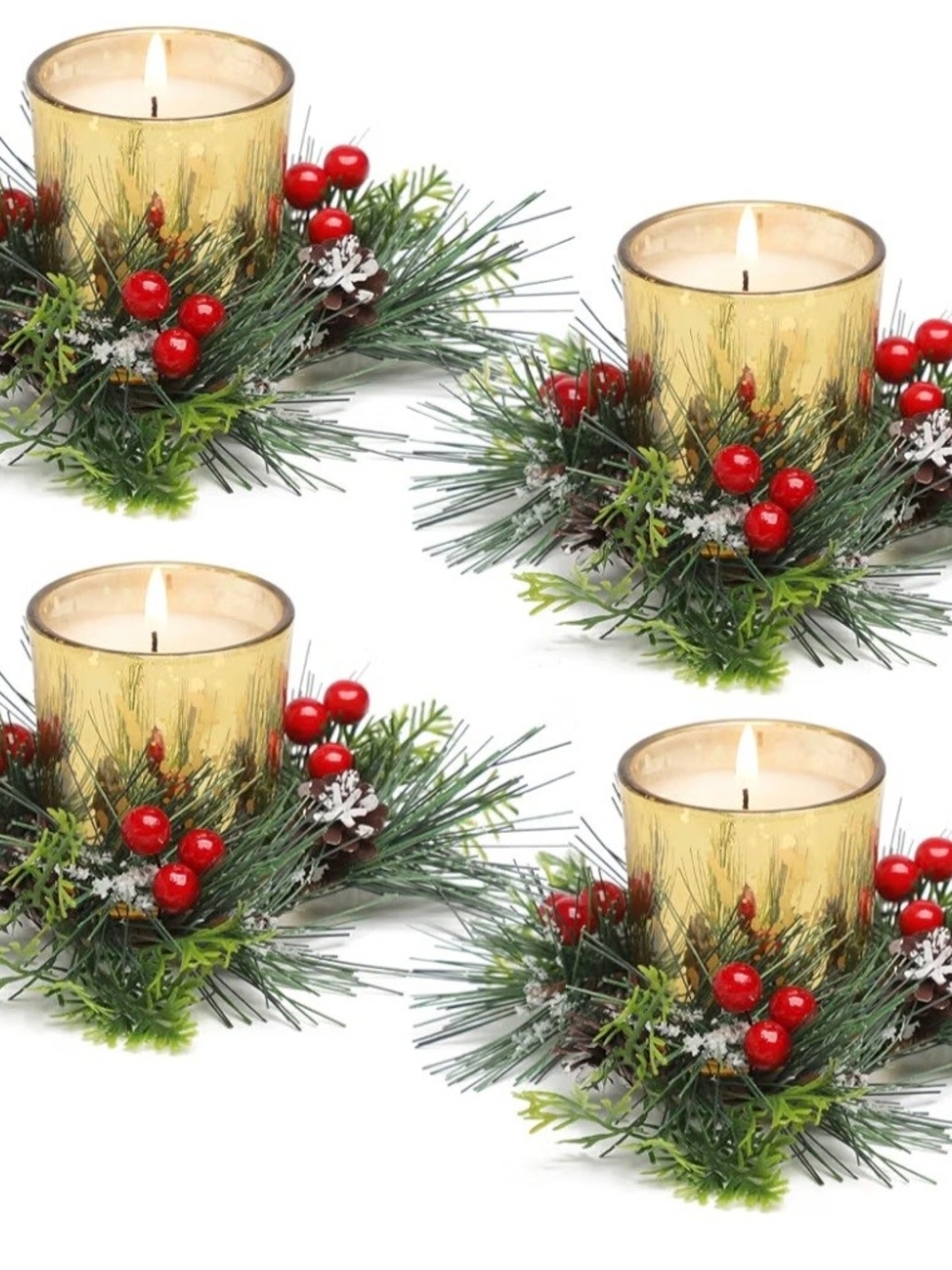 Festive Gold Votive Candle Holders with Red Berry Pine Wreaths. 4 Piece Set. NEW